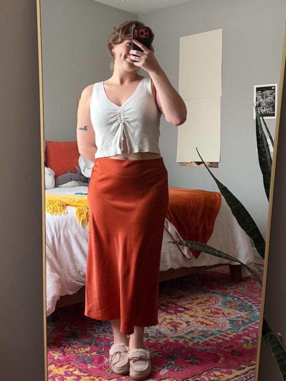 Burnt Orange Satin Midi Skirt Size 8